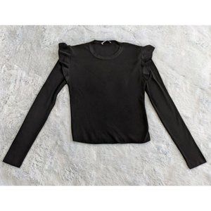 Zara Knit Sz LARGE Black Pullover Long Sleeve Ruffles 100% Polyamide Sweater EUC